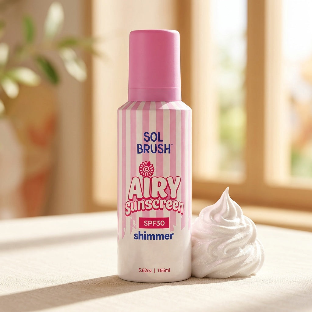 Airy Sunscreen SPF 30 shimmer bottle in pink stripes beside a swirl of its whipped texture