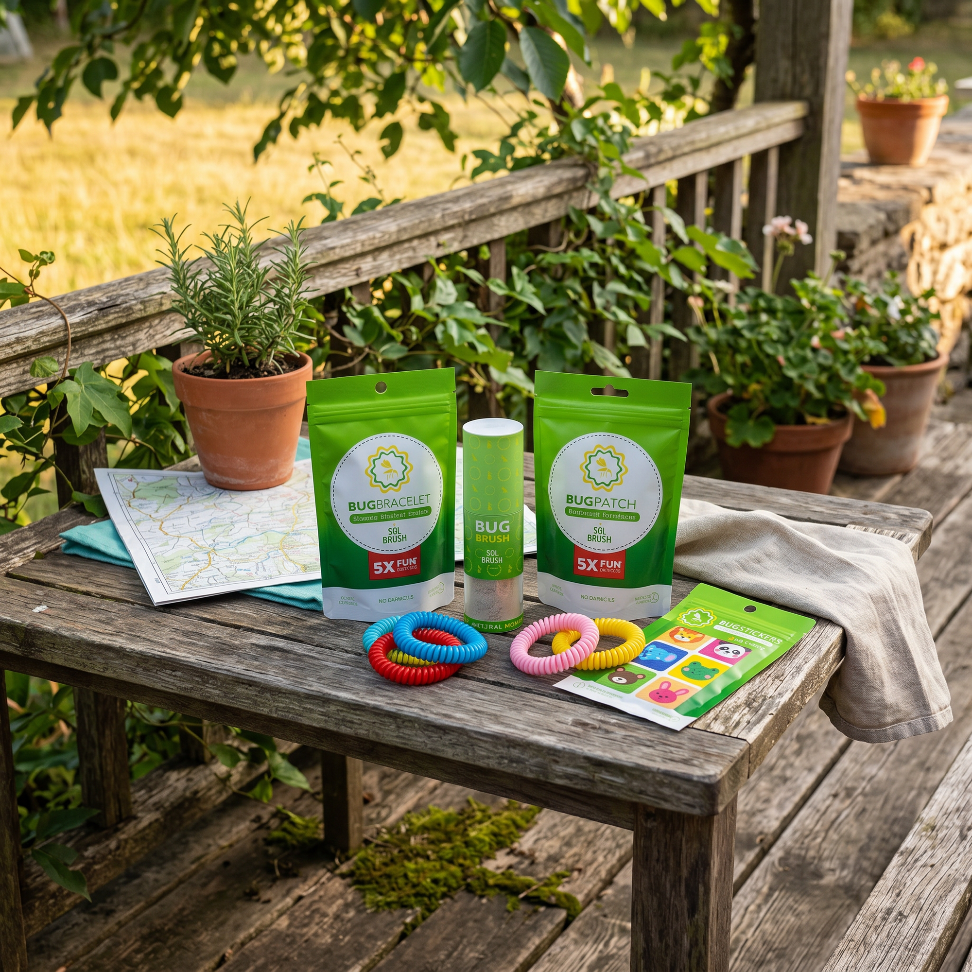 Bug Protection Bundle on a garden table: Bug Brush, Bug Patch pouches, bug bracelets, and stickers