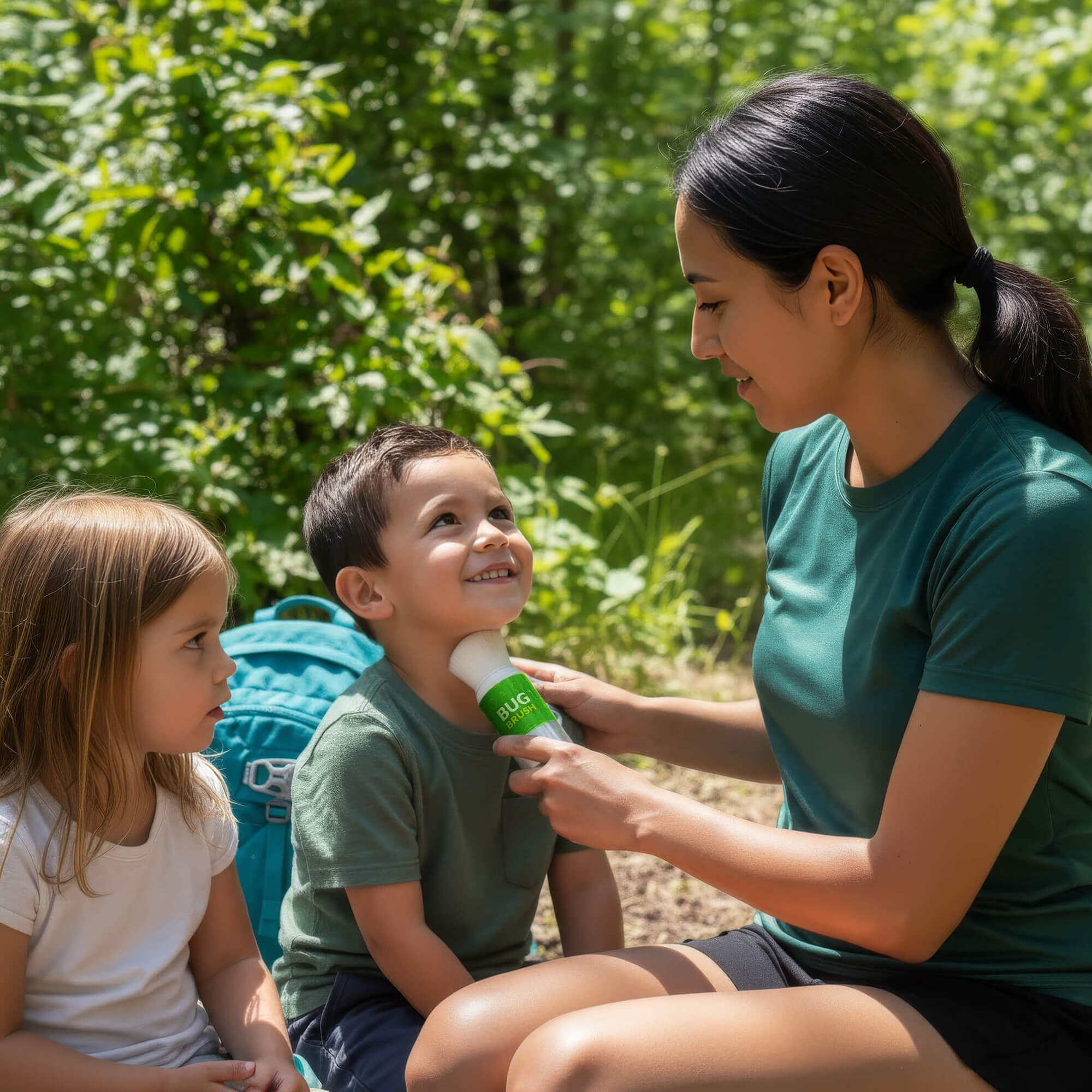 Mom brushing Bug Brush mosquito repellent onto her son's chin on a wooded trail while his sister watches