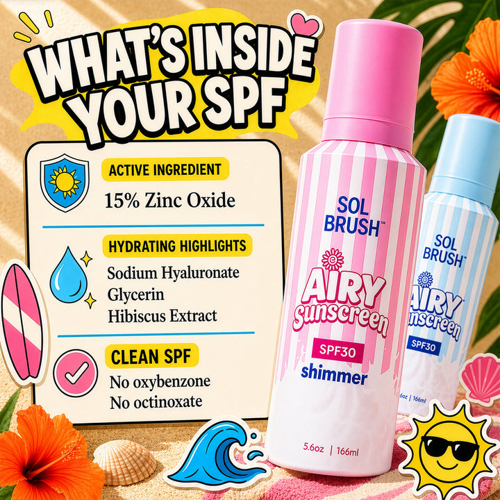 Airy SPF 30 ingredient graphic: 15 percent zinc oxide with sodium hyaluronate, glycerin, and hibiscus extract