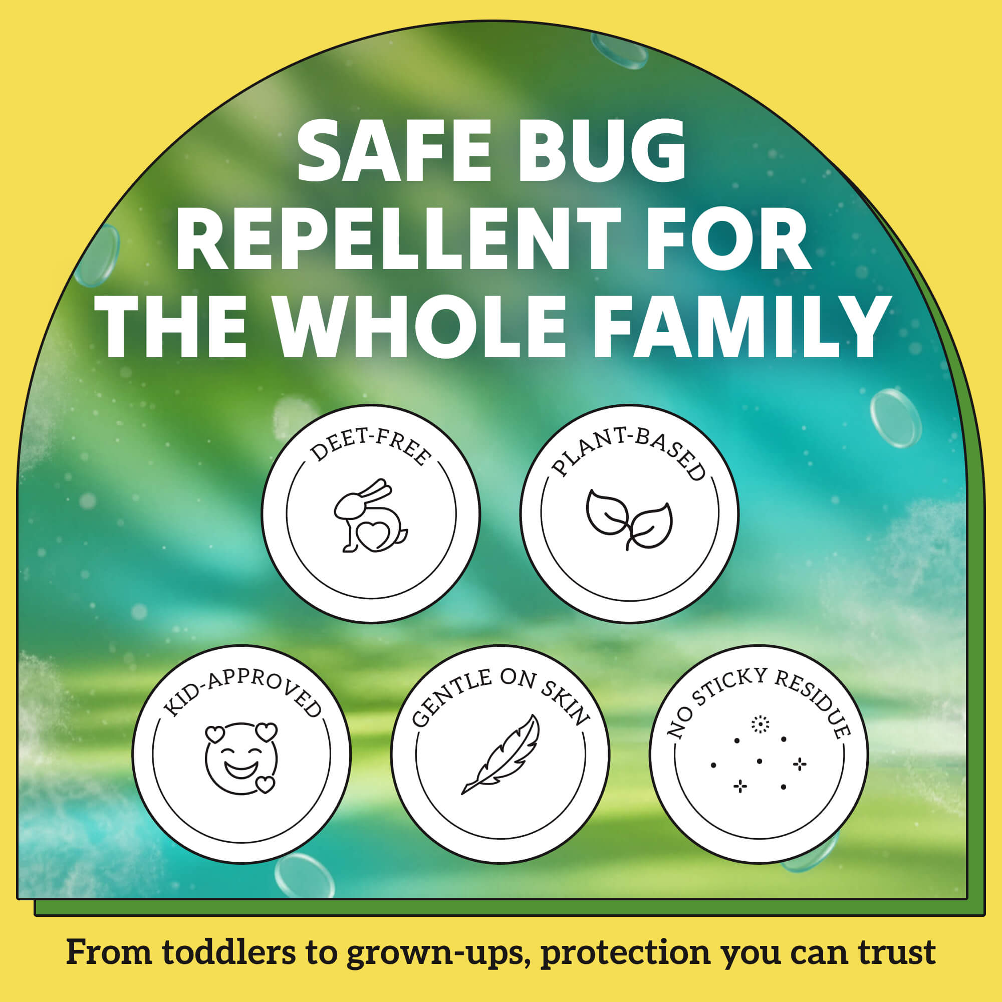 Safe bug repellent for the whole family graphic with DEET free, plant based, and kid approved badges
