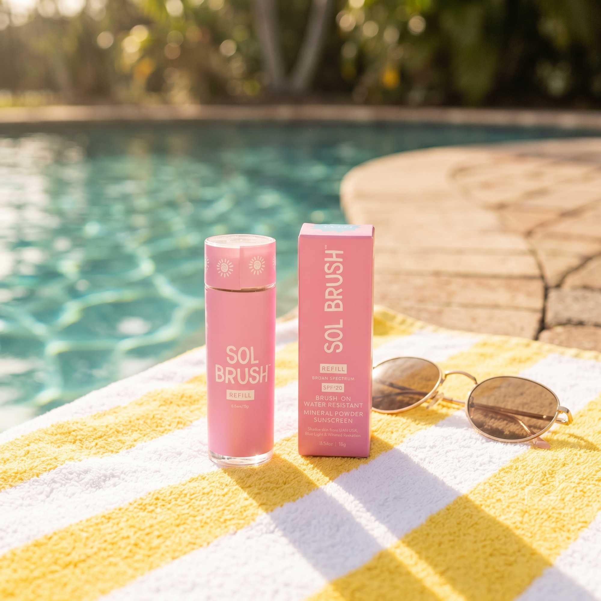 Pink Sol Brush Refill bottle of mineral powder sunscreen with its box on a yellow striped towel poolside