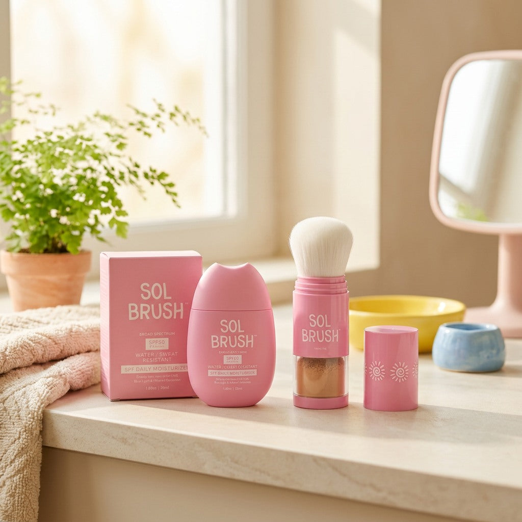Pink Sol Brush and the Daily Moisturizer Broad Spectrum SPF 50 bottle with box on a bright bathroom counter