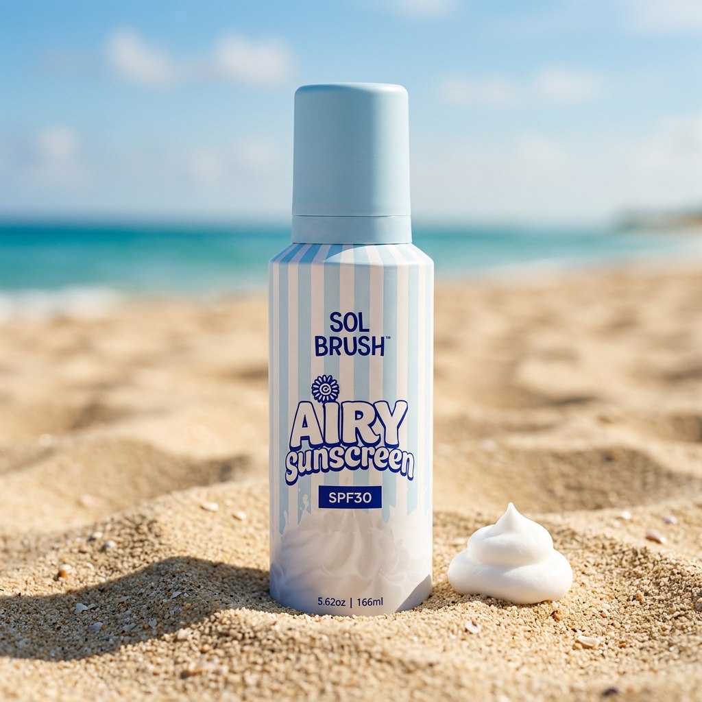 Airy Sunscreen SPF 30 bottle standing in beach sand with a dollop of whipped texture beside it