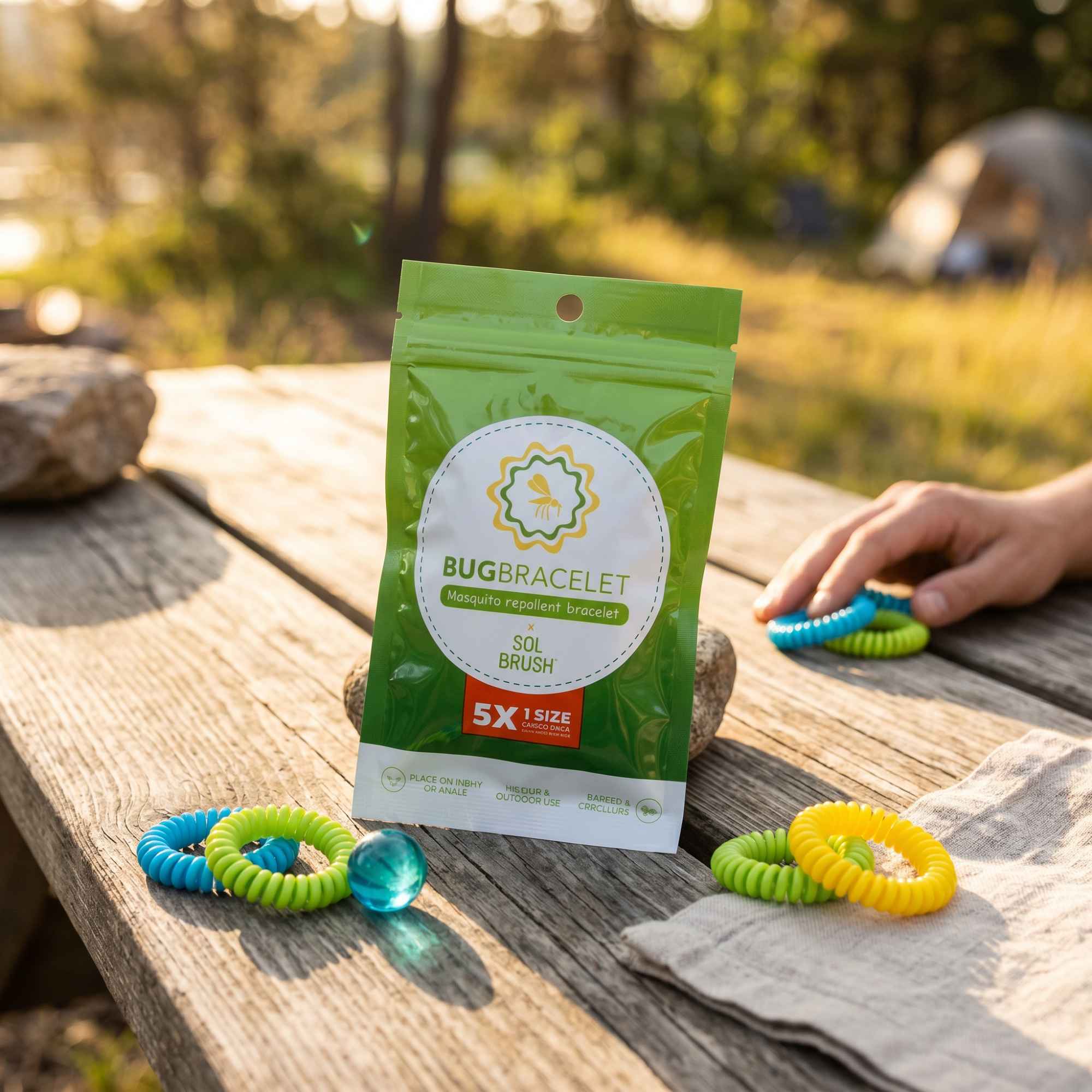 Bug Bracelet mosquito repellent pouch on a camp table with colorful coil bracelets