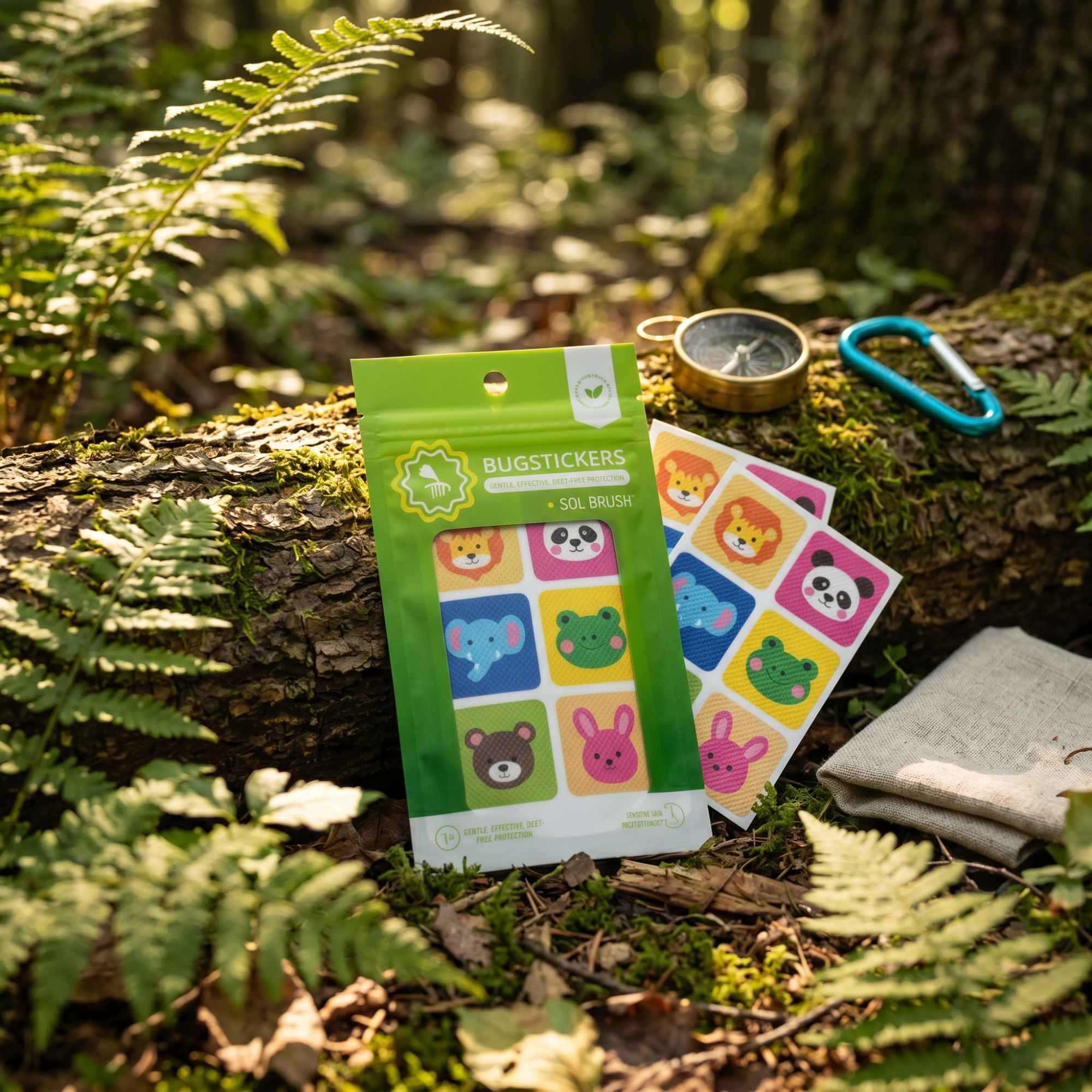 Bug Stickers pouch and animal sticker sheets on a mossy forest log beside a compass