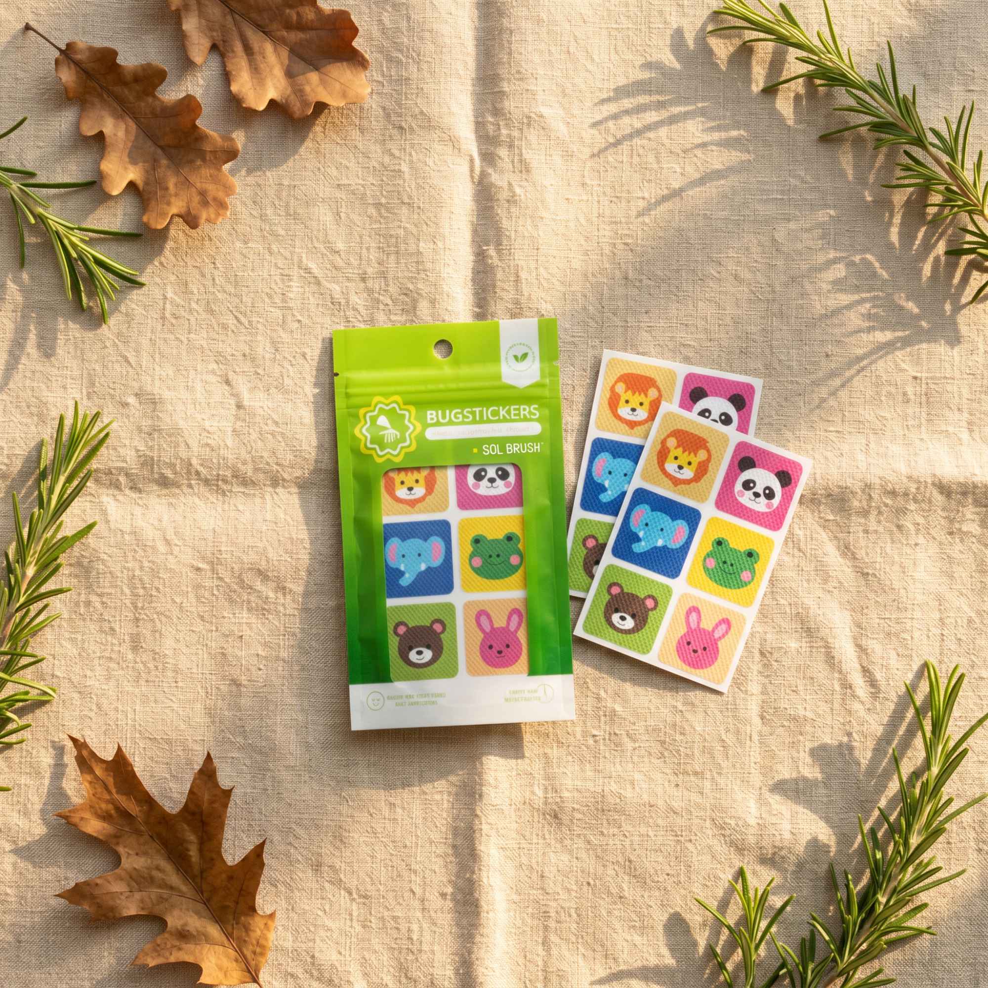 Bug Stickers pouch by Sol Brush with two sheets of colorful animal stickers on a linen background