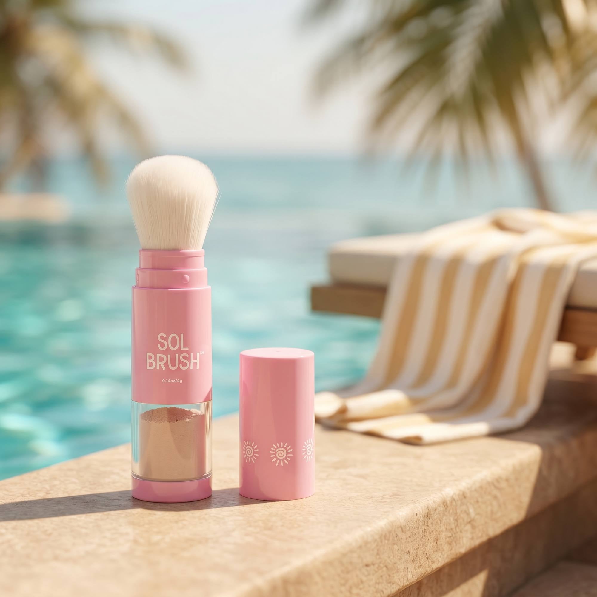 Pink Sol Brush Mini powder sunscreen brush uncapped on a sunny pool ledge with palm trees behind