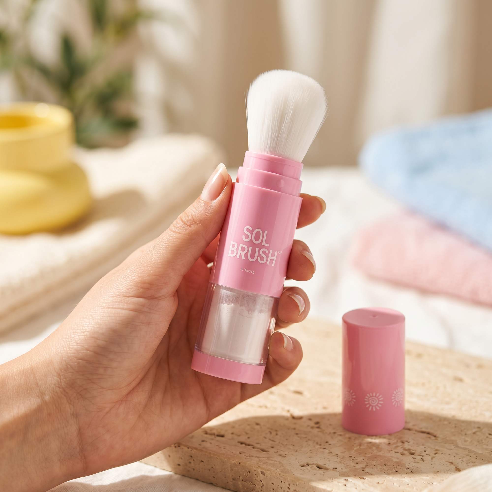 Hand holding the pink Sol Brush Mini Broad Spectrum SPF 50 brush uncapped with its cap on a stone tray