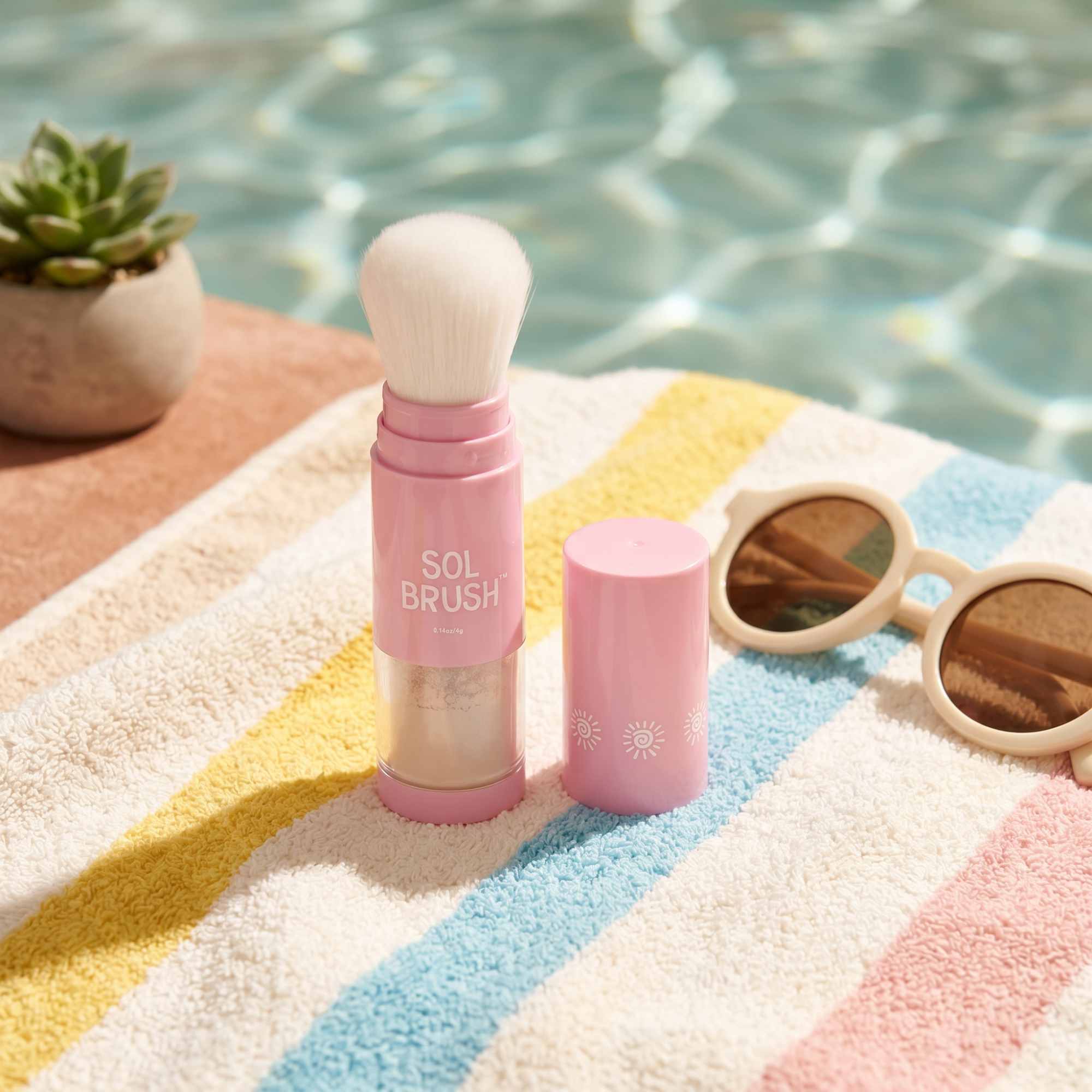 Pink Sol Brush Mini powder sunscreen brush and cap on a pastel striped towel with sunglasses at the pool