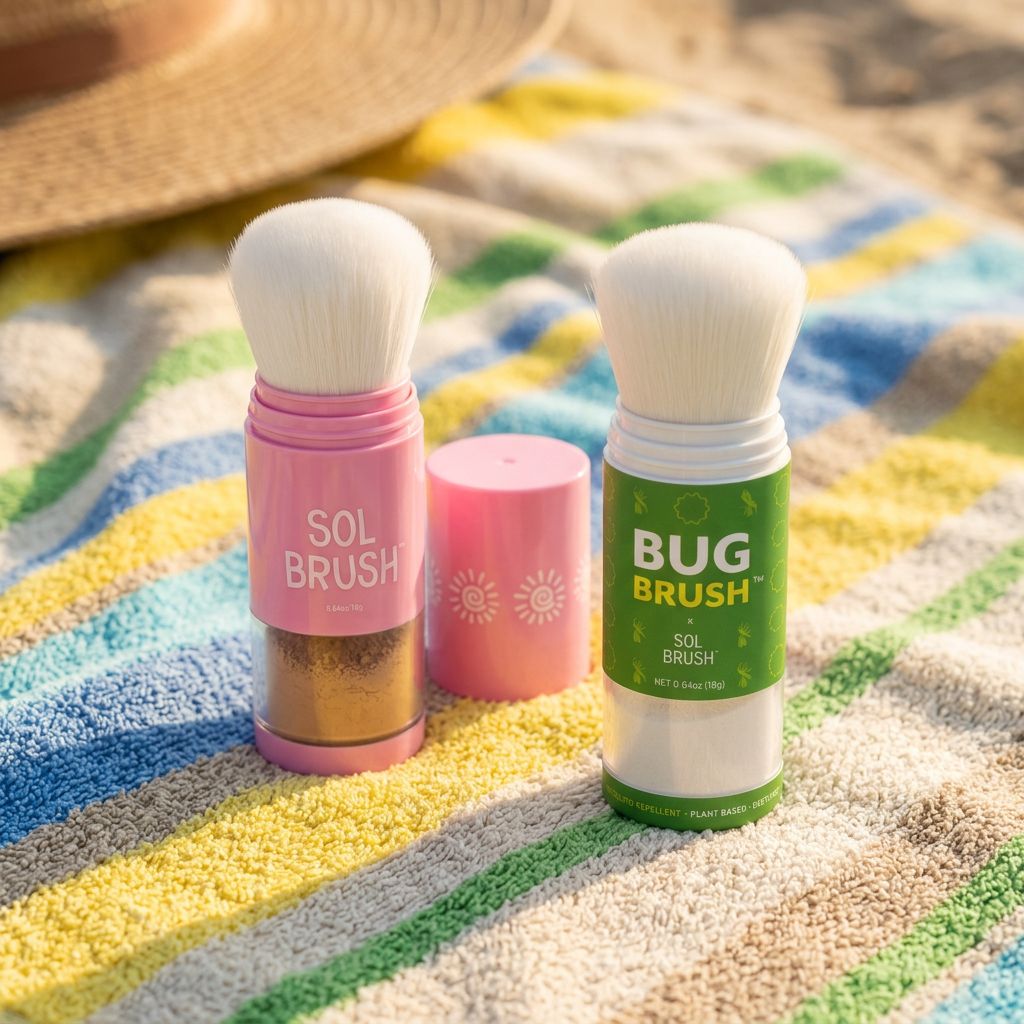 Pink Sol Brush and Bug Brush standing side by side on a colorful striped towel with a straw hat